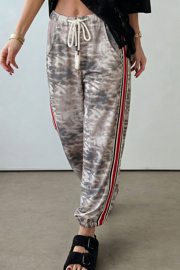 Pantalon femme camouflage, rayé, patchwork, à cordon — kaki