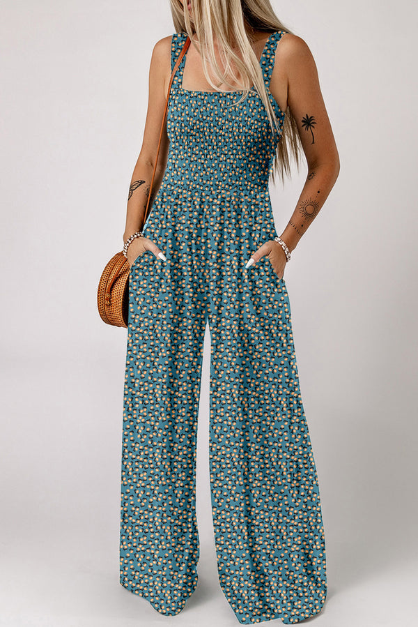 Combinaison femme floral, smocké, taille haute — vert