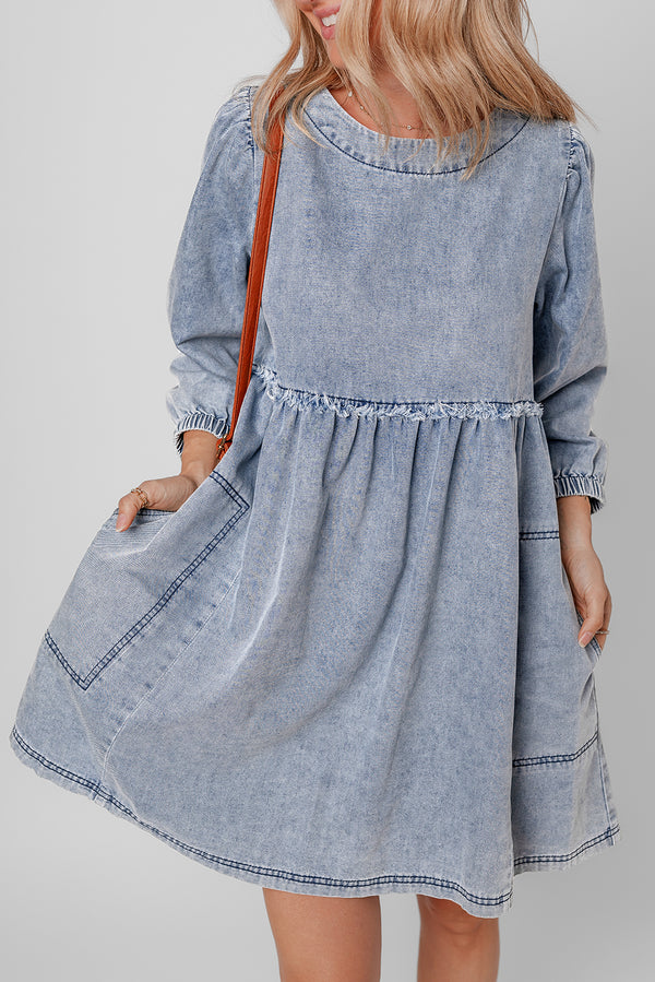 Robe courte femme taille haute, ample, denim — bleu ciel