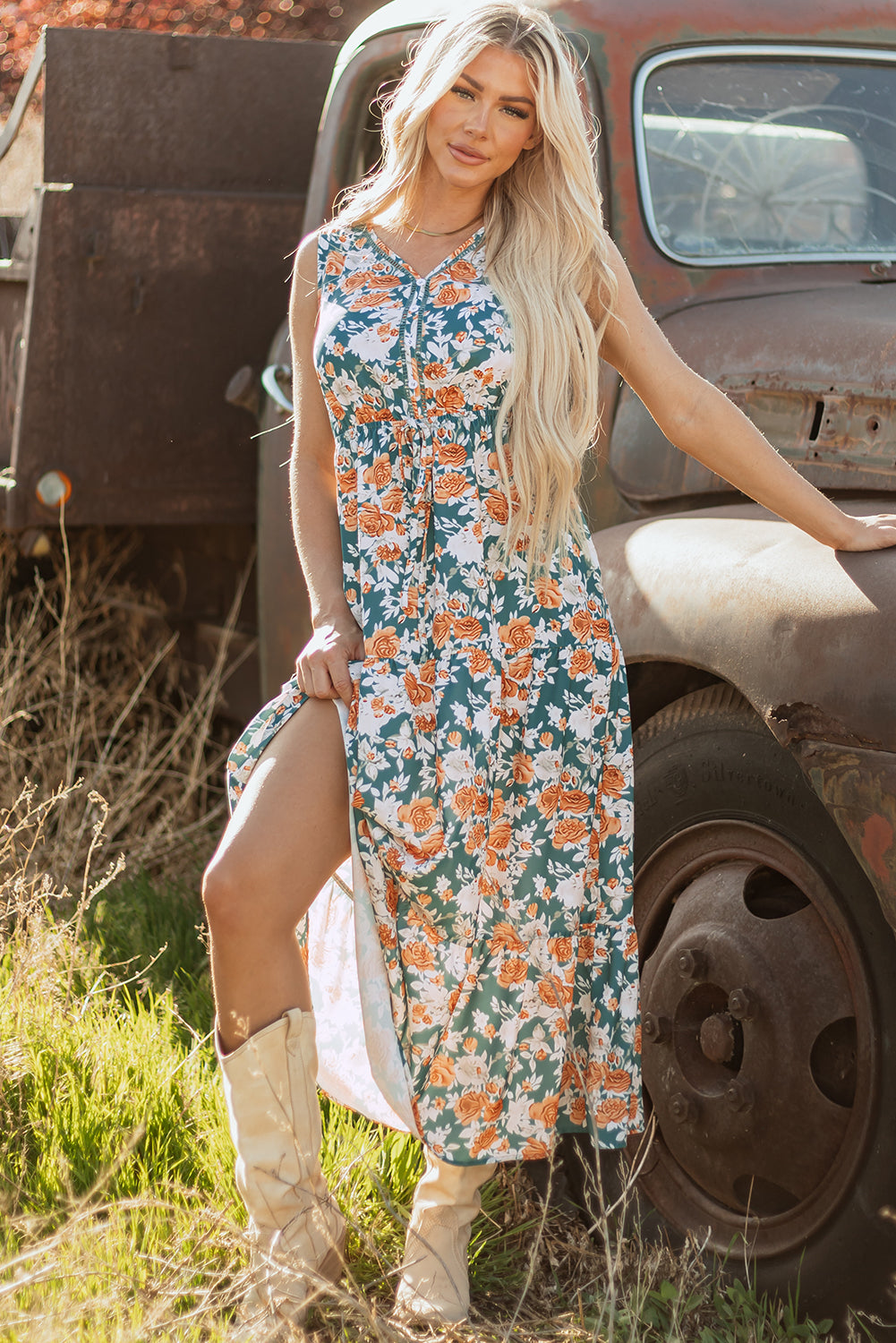 Robe femme floral, sans manches, col V — vert