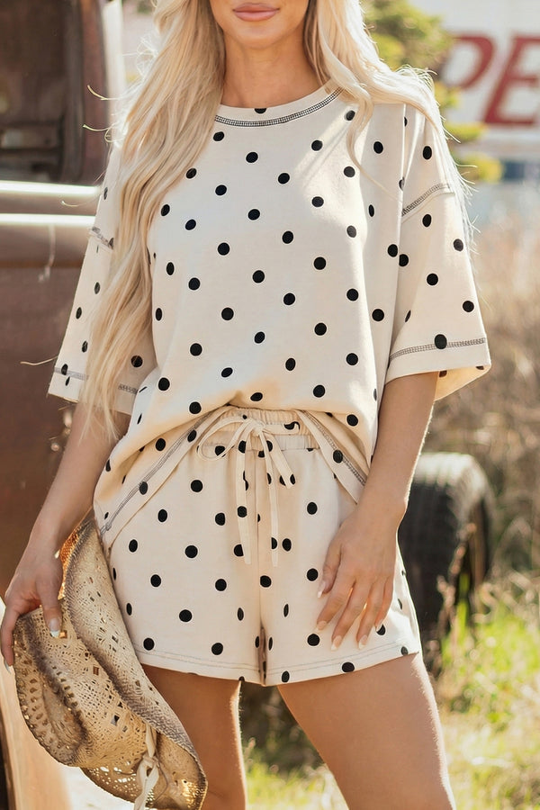 Ensemble femme pois, à cordon, manches courtes, ample — blanc