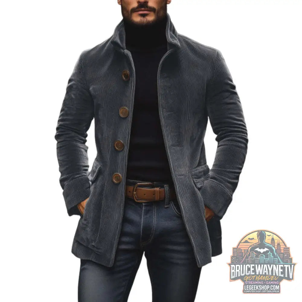 Blazer Homme Col Montant Velours Côtelé Boutons Poches Slim Fit - Blazer Homme