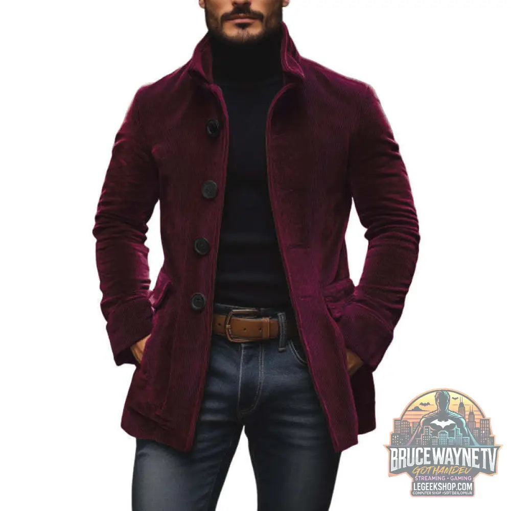 Blazer Homme Col Montant Velours Côtelé Boutons Poches Slim Fit - Rouge Color / XS - Blazer Homme