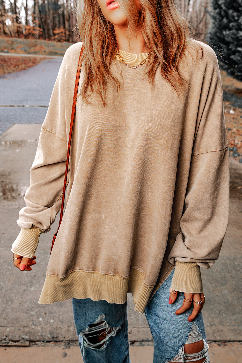 Sweat femme épaules tombantes, oversized, côtelé — kaki