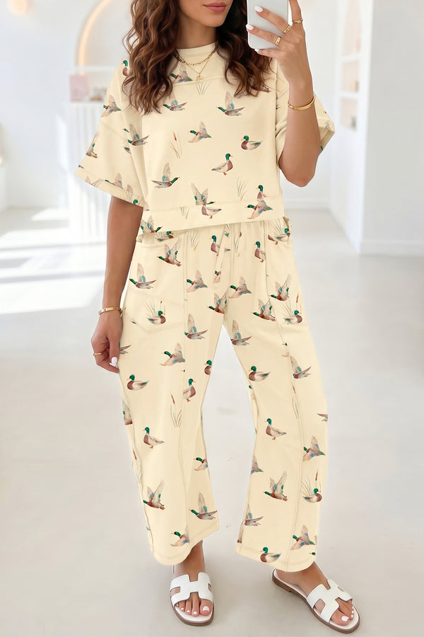 Ensemble femme poches, manches courtes, casual — beige