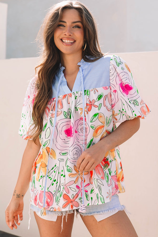 Blouse femme floral, rayé, manches courtes, col V — multicolore