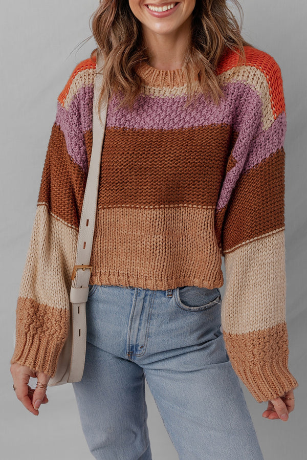 Pull femme en maille, épaules tombantes, colorblock, cropped — multicolore