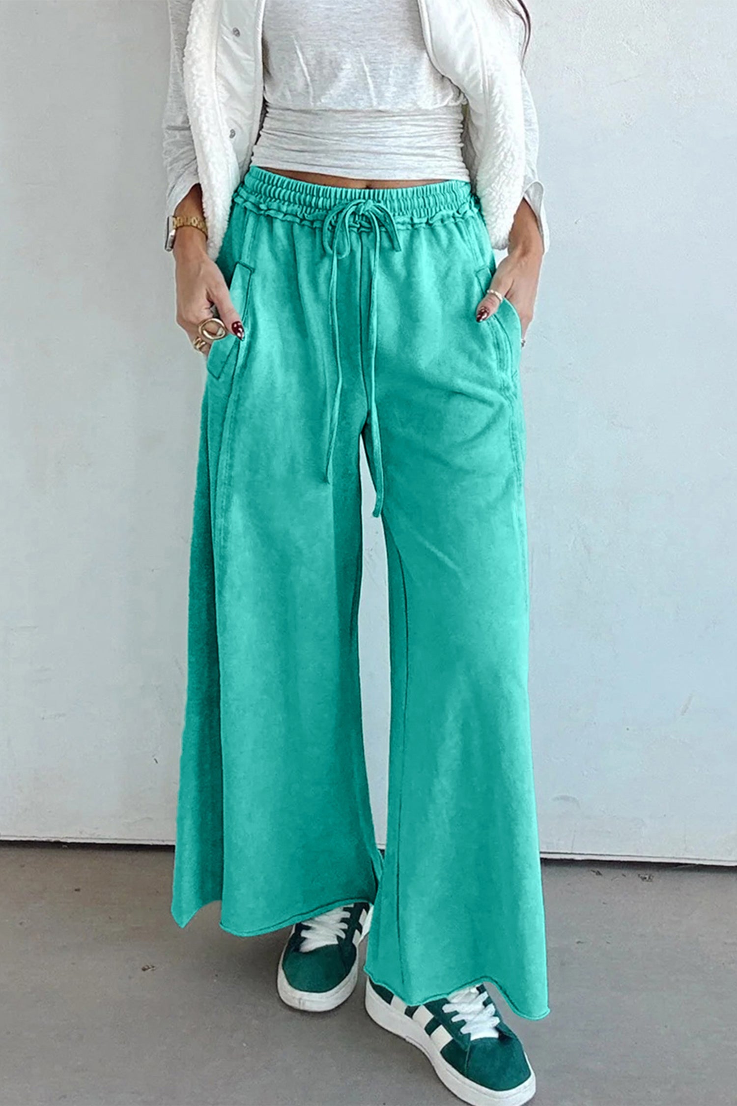 Pantalon femme à cordon, taille élastique, ample — vert d'eau