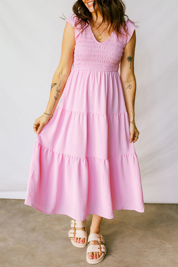 Robe midi femme smocké, à étages, midi — rose