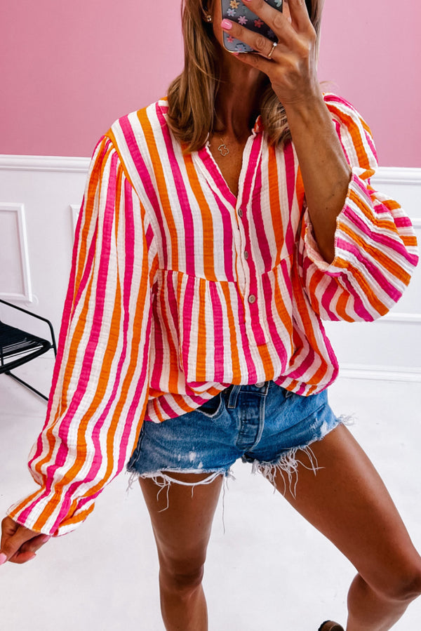 Blouse femme rayé, boutonnée, col V — orange