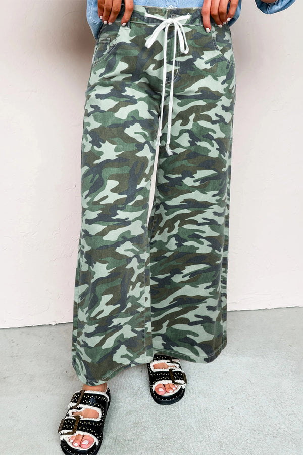 Pantalon femme camouflage, à cordon, jambe large, denim — vert