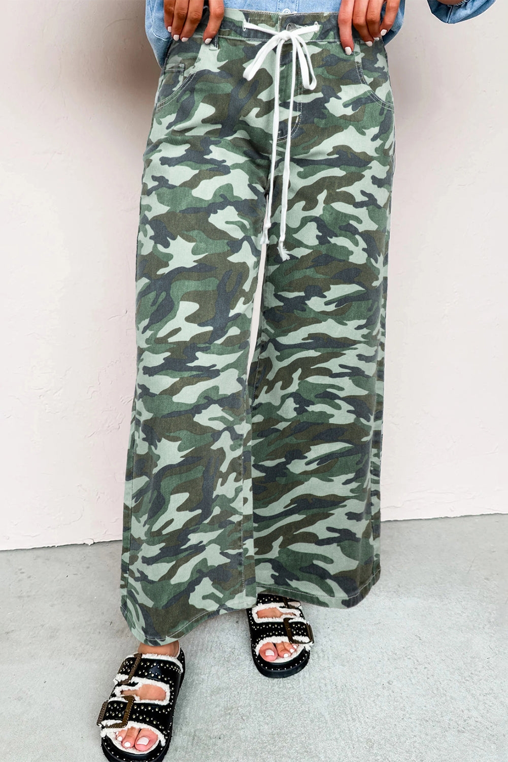 Pantalon femme camouflage, à cordon, jambe large, denim — vert