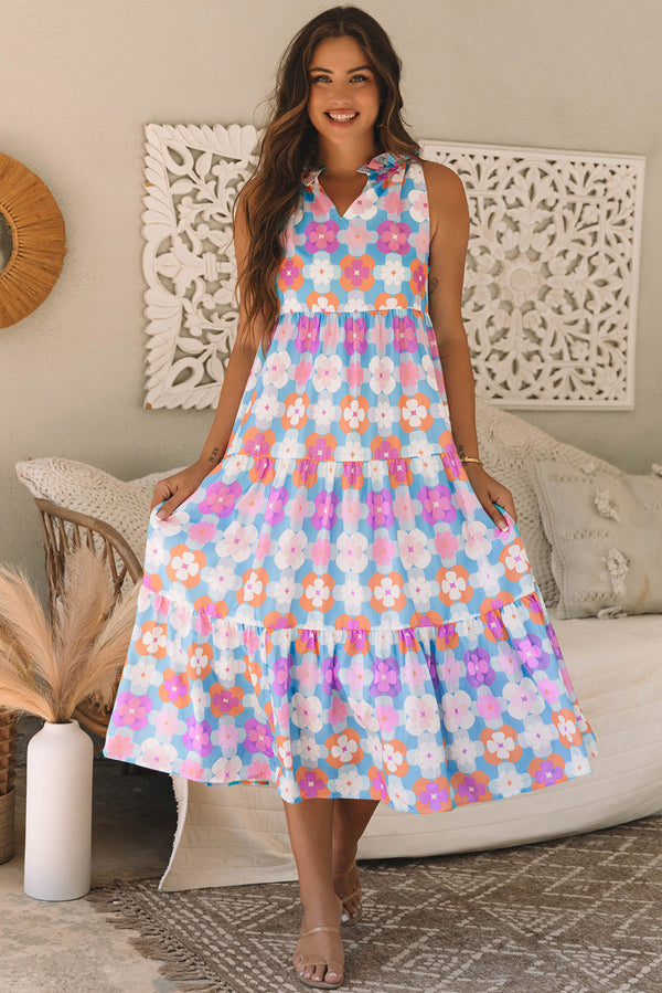 Robe longue femme floral, à étages, sans manches, maxi — bleu ciel