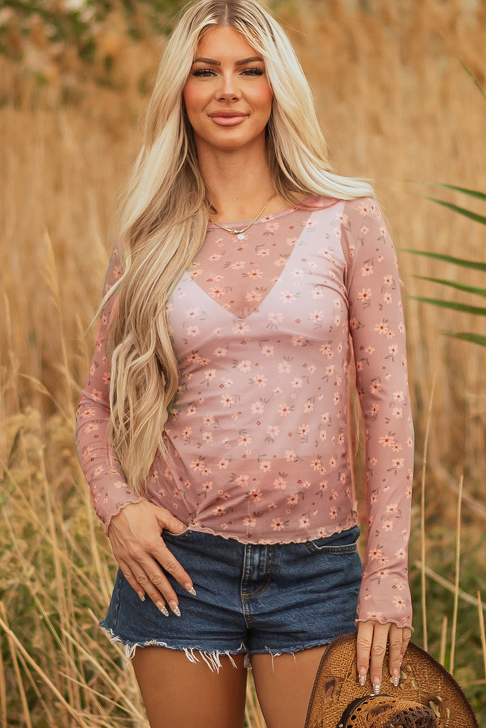Haut femme floral, transparent, manches longues, vintage — rose