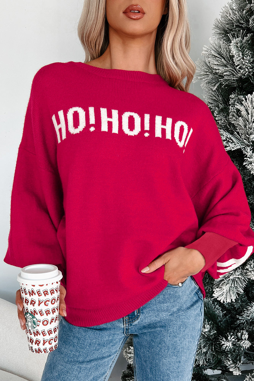 Pull femme Noël, épaules tombantes, ample — rouge feu