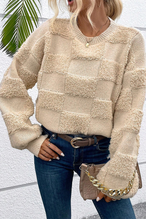 Pull femme à carreaux, col rond, ample