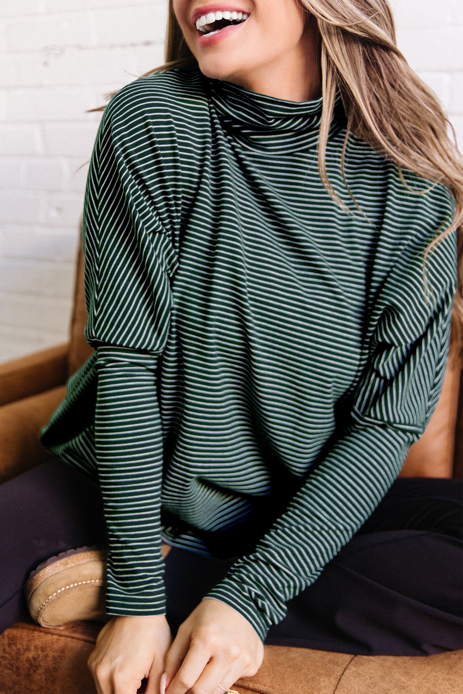 Haut femme rayé, manches longues, col montant, casual — vert