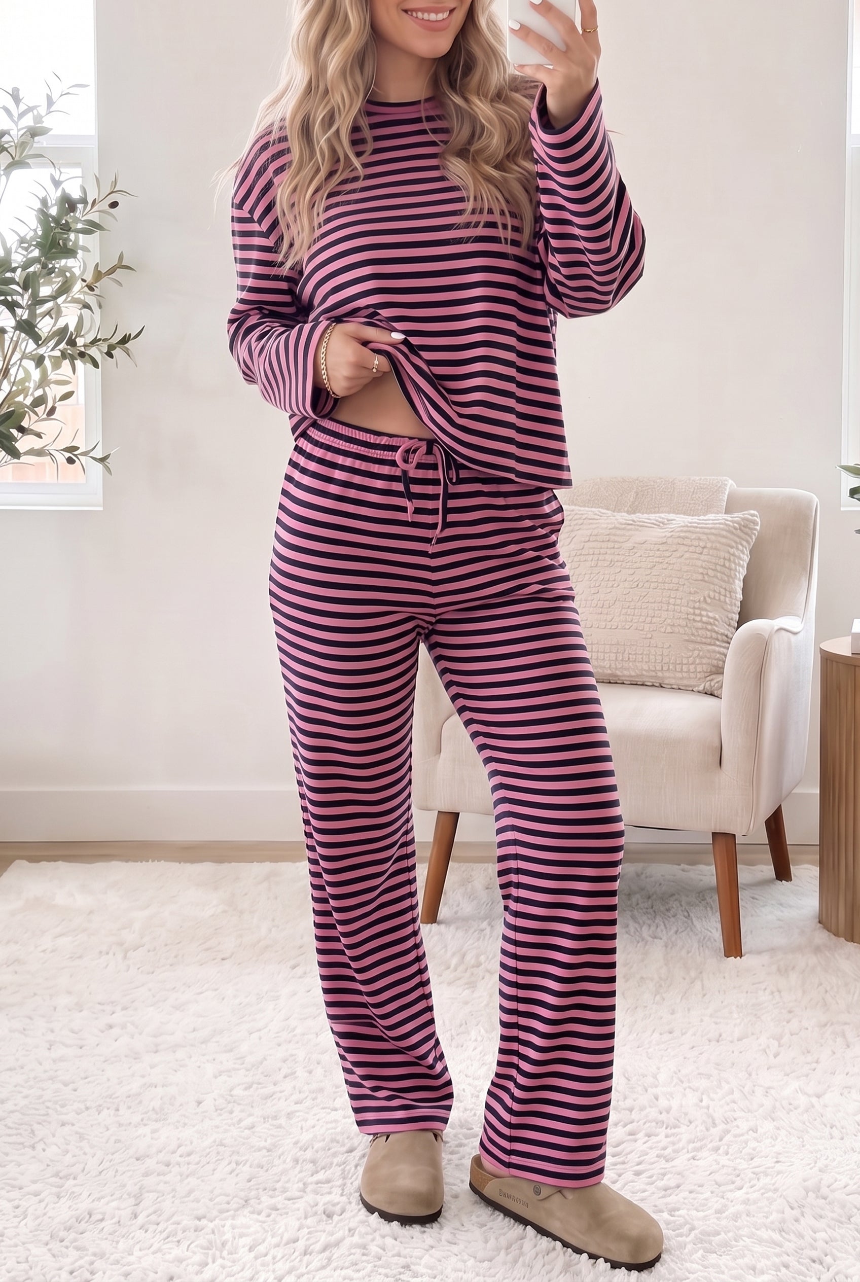 Pantalon femme rayé, à cordon, manches longues, casual — rose