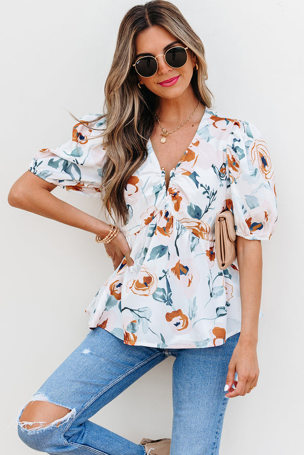 Blouse femme floral, manches bouffantes, col V — vert