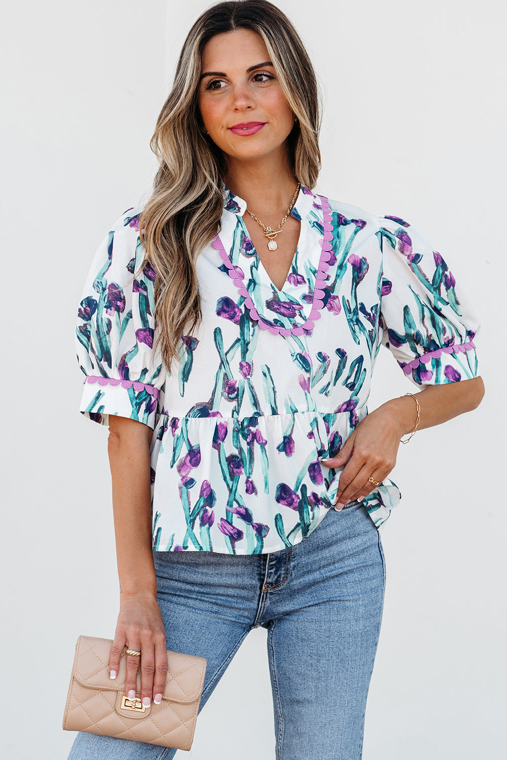 Haut femme floral, manches 3/4 — violet