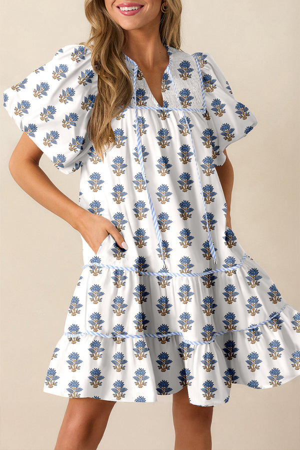 Robe courte femme floral, poches, manches bouffantes — bleu ciel