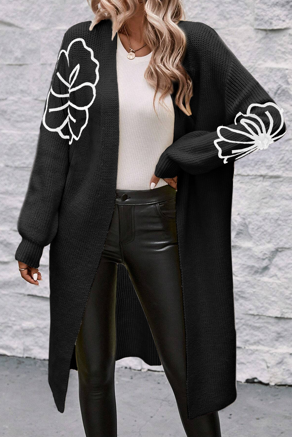 Black Flower Embroidered Drop Shoulder Open Front Duster Cardigan femme