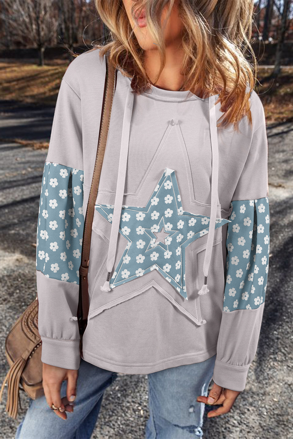Beau Blue Floral Patchwork Star Pattern Drawstring Hoodie femme
