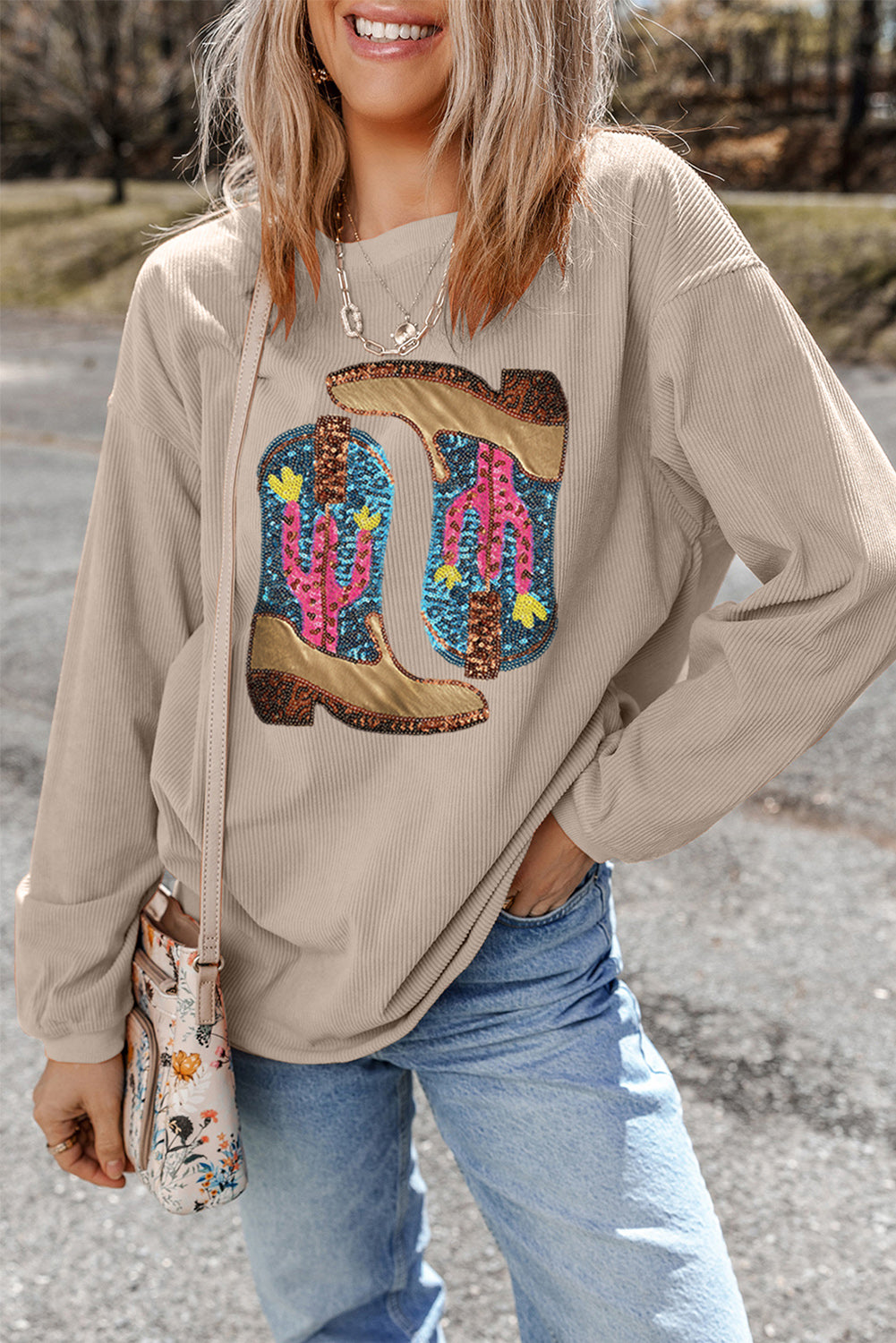 Sweat femme graphique, ample — gris