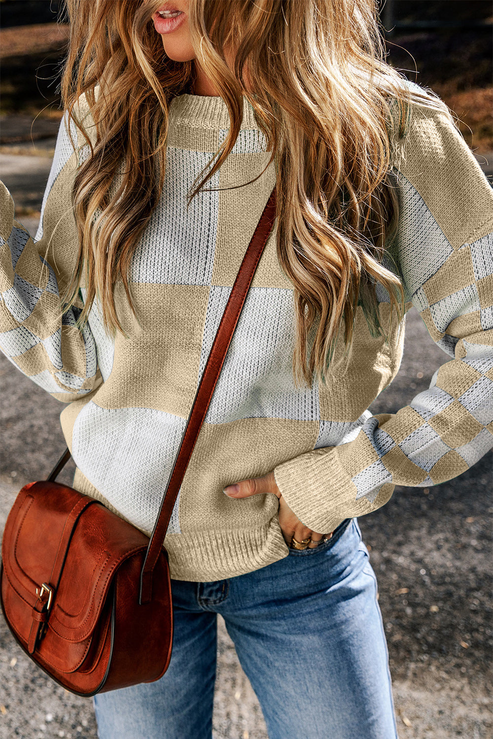 Pull femme à carreaux, épaules tombantes