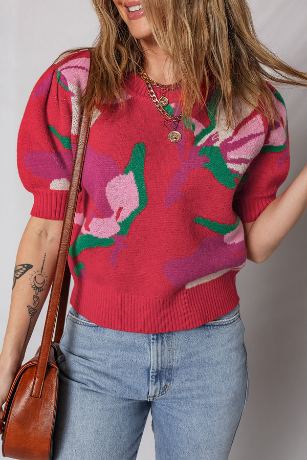 Short femme floral, manches bouffantes — rouge