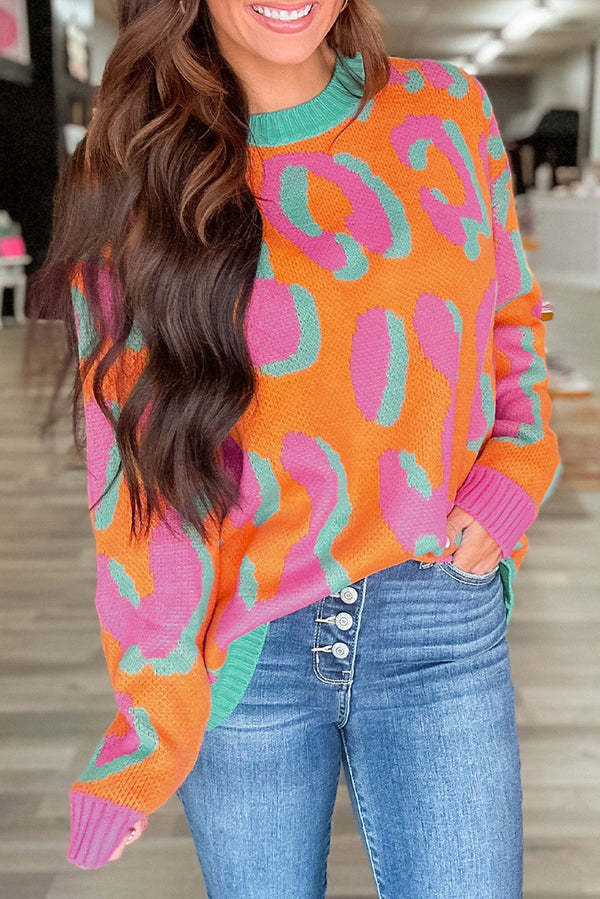 Pull femme léopard, côtelé, colorblock — orange