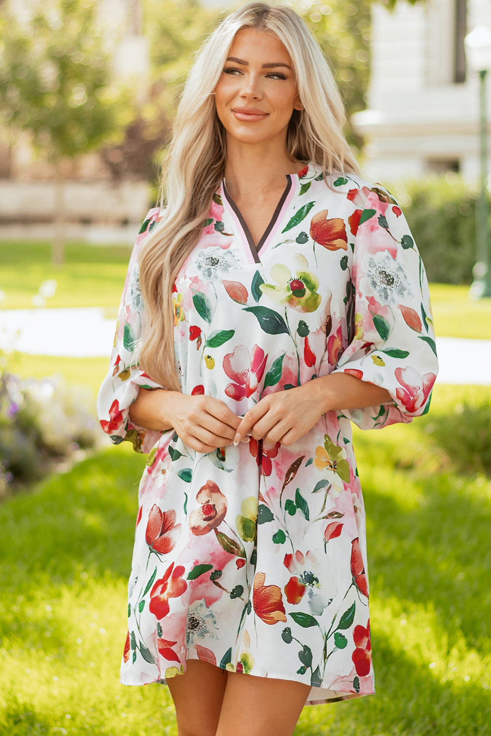 Robe femme floral, rayé, manches 3/4, col V — rouge