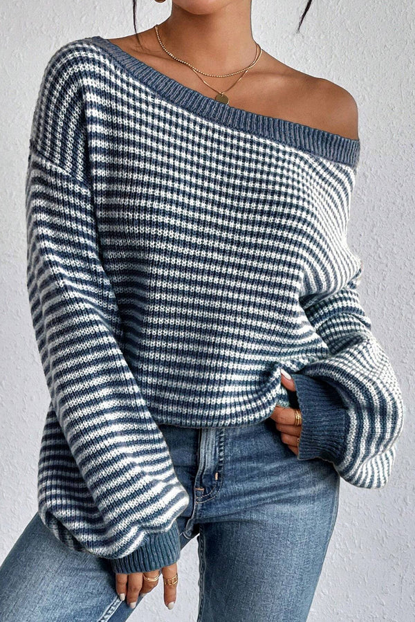 Pull femme rayé, épaules tombantes — bleu