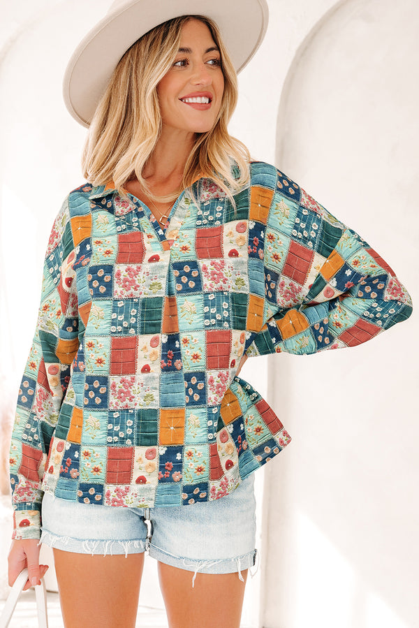 Blouse femme floral, col V — bleu ciel-P420