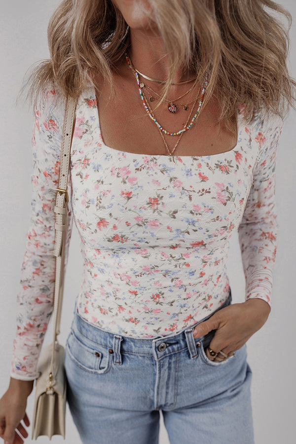 Haut femme floral, manches longues, coupe slim — blanc