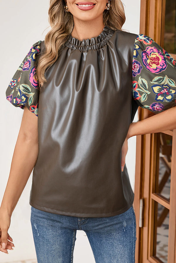 Blouse femme floral, patchwork, manches ballon, col rond