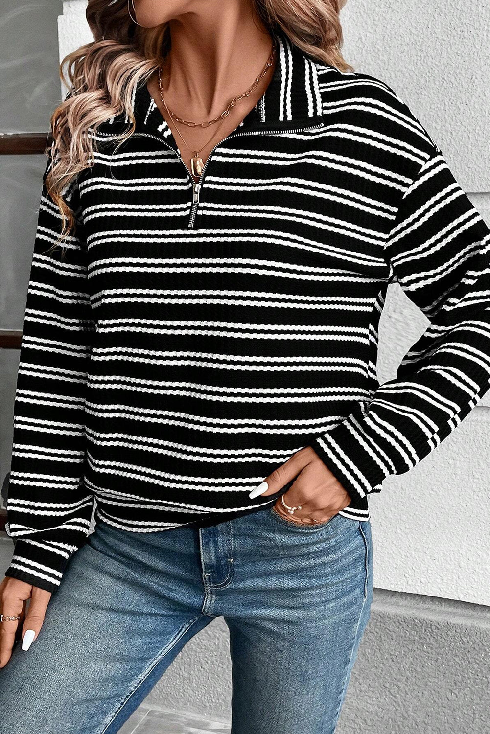 Haut femme rayé, zip, manches longues — noir