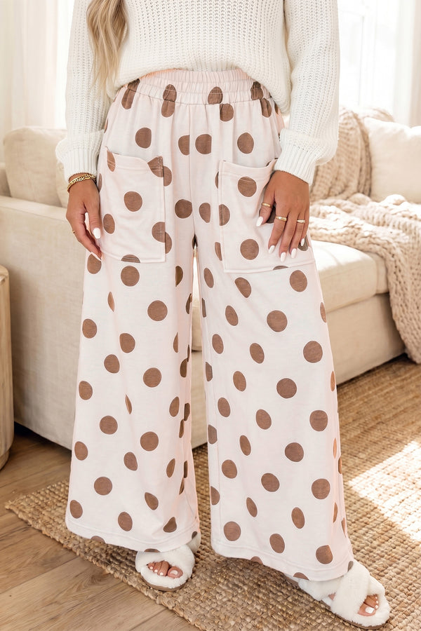 Pantalon femme pois, taille élastique, jambe large, casual — kaki