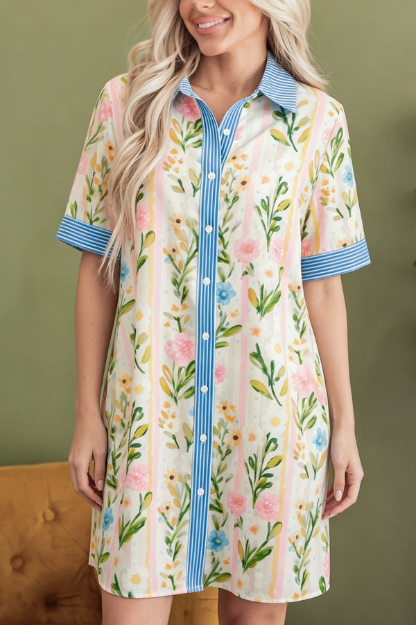 Robe femme floral, rayé, boutonnée — multicolore