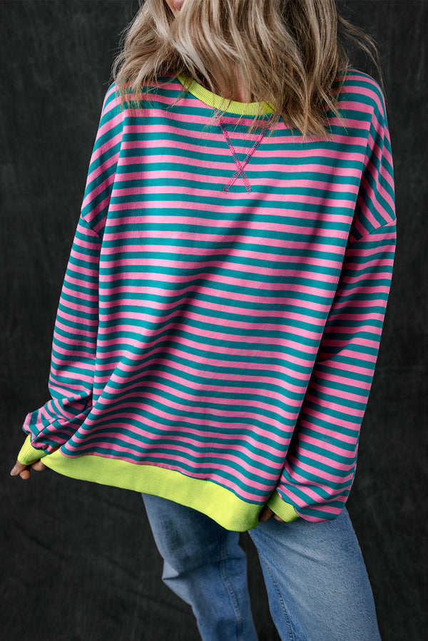 Sweat femme rayé, oversized, bordure contrastée — vert