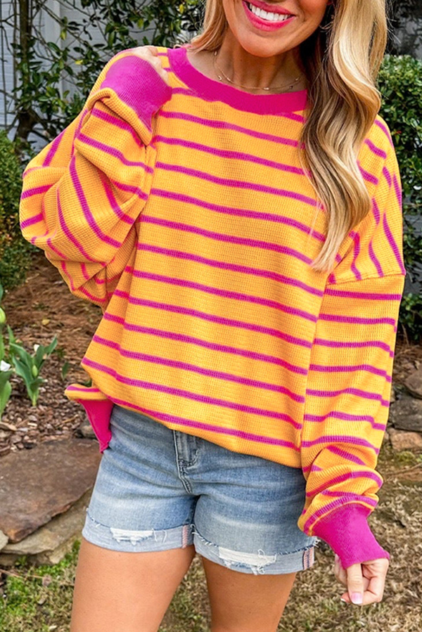 Pull femme rayé, épaules tombantes, col rond, ample — orange · LC2724825-P1419 · LC2724825-P1419-L