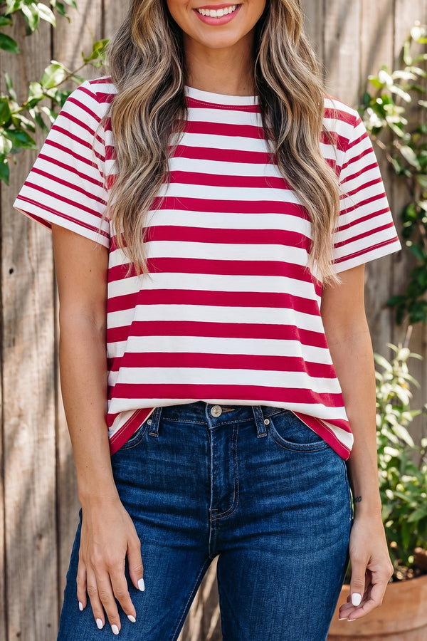 T-shirt femme rayé, patchwork, col rond — rouge