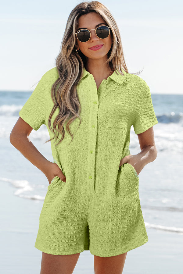 Combinaison femme boutonnée, poches, manches courtes — vert