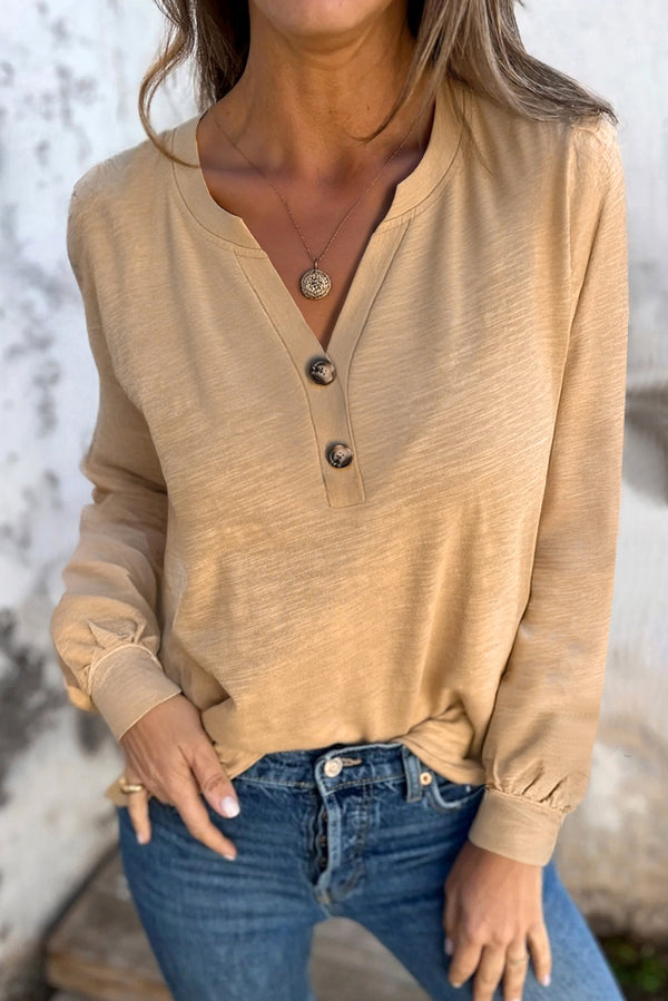 Haut femme boutonnée, manches longues, col V, uni — beige