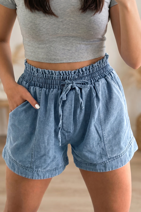 Short femme smocké, taille élastique, denim — bleu