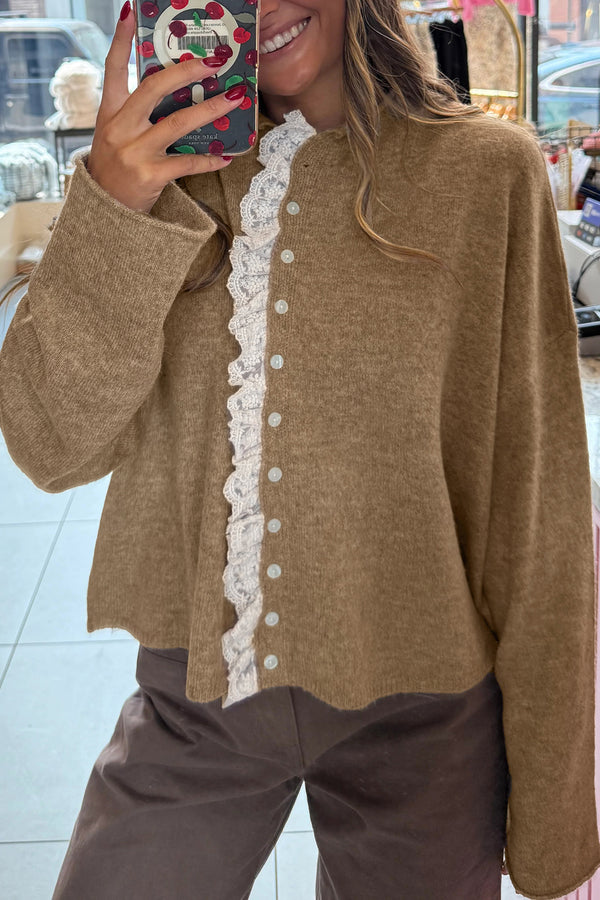 Simply Taupe Contrast Frilled Lace Trim Loose Cardigan Sweater femme-P6017