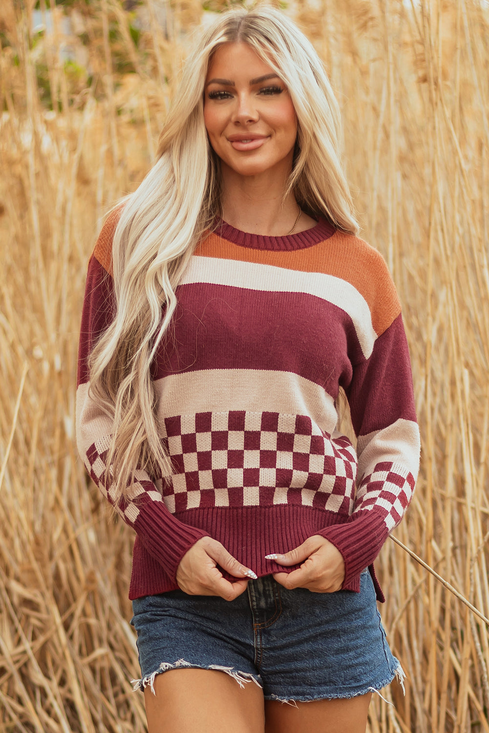 Pull femme à carreaux, en maille, épaules tombantes, colorblock — marron