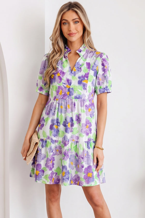 Robe courte femme floral, à volants, à étages, manches courtes — violet