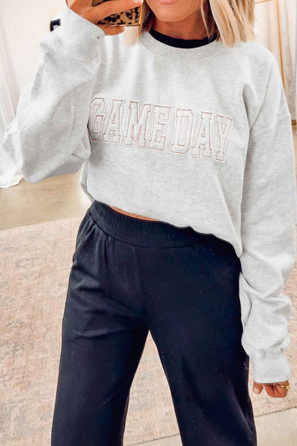 Sweat femme brodé, manches longues, col rond — gris clair