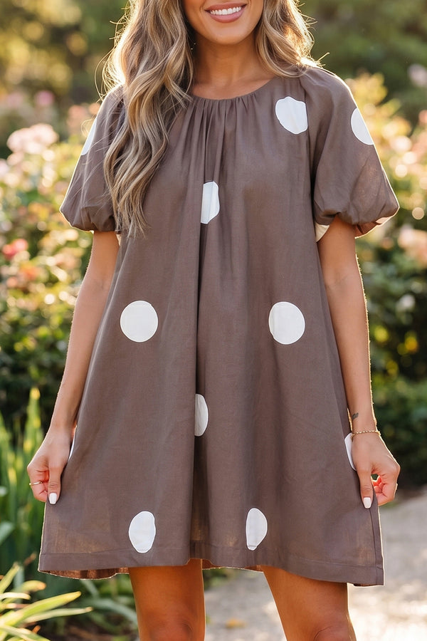 Robe courte femme pois, manches bouffantes, ample — marron